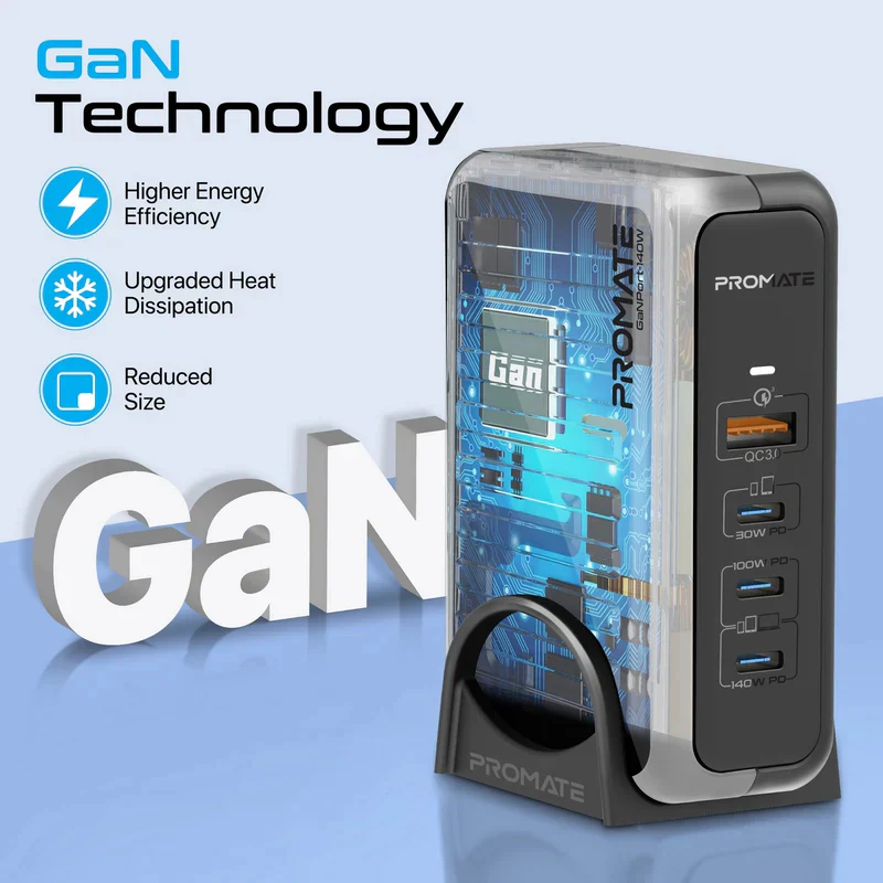 PROMATE GaNPort-140W Power Delivery With Charging Station - 140W / USB-C / USB-A / Black - Image 2