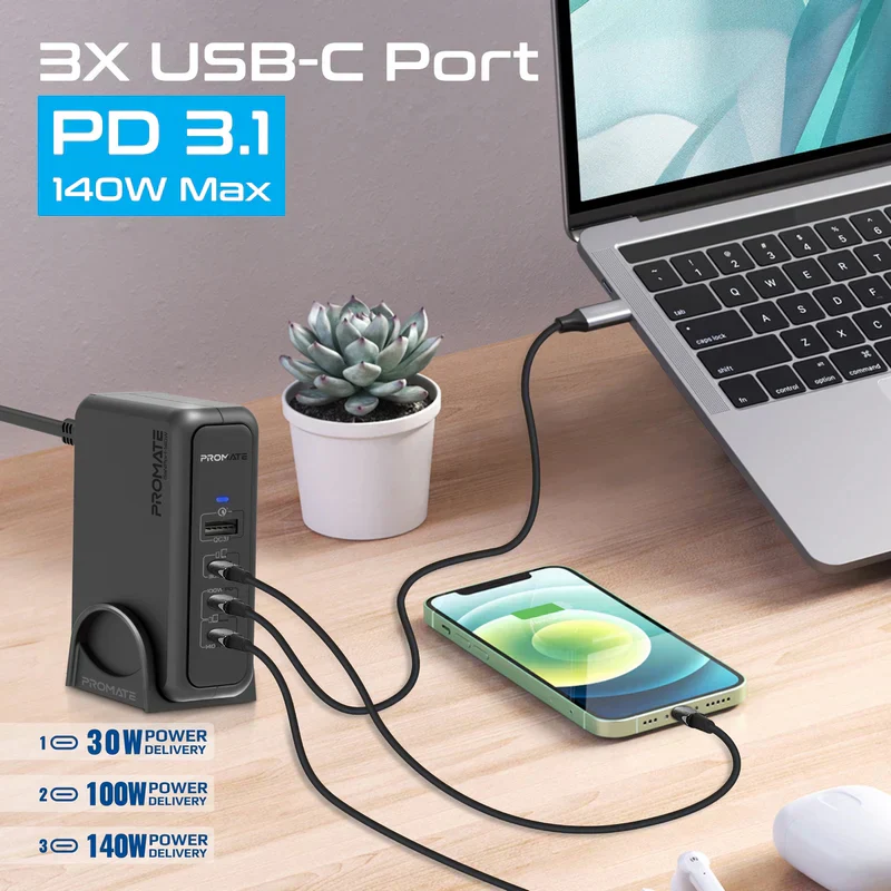 PROMATE GaNPort-140W Power Delivery With Charging Station - 140W / USB-C / USB-A / Black - Image 3