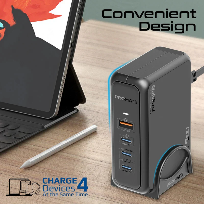 PROMATE GaNPort-140W Power Delivery With Charging Station - 140W / USB-C / USB-A / Black - Image 6