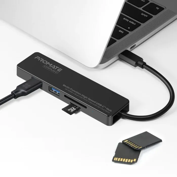 Promate Multi-Function High Speed USB-C Hub 2 USB 3.0 Ports, HDMI Port,MicroSD & SD Card Slot - Image 2