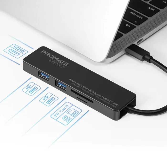 Promate Multi-Function High Speed USB-C Hub 2 USB 3.0 Ports, HDMI Port,MicroSD & SD Card Slot - Image 3