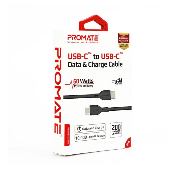 Promate Power Beam 60W USB-C to USB-C Fast Charging Data Cable Black - Image 3