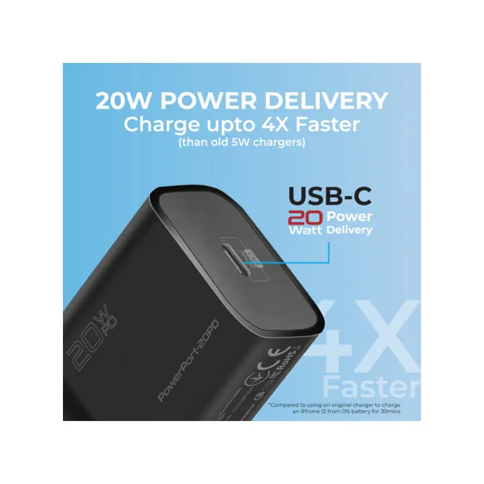 Promate PowerPort 20PD 20W Power Delivery USB-C Wall Charger Black - Image 2