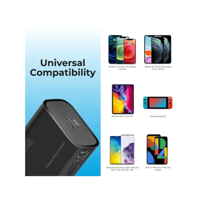 Promate PowerPort 20PD 20W Power Delivery USB-C Wall Charger Black - Image 3