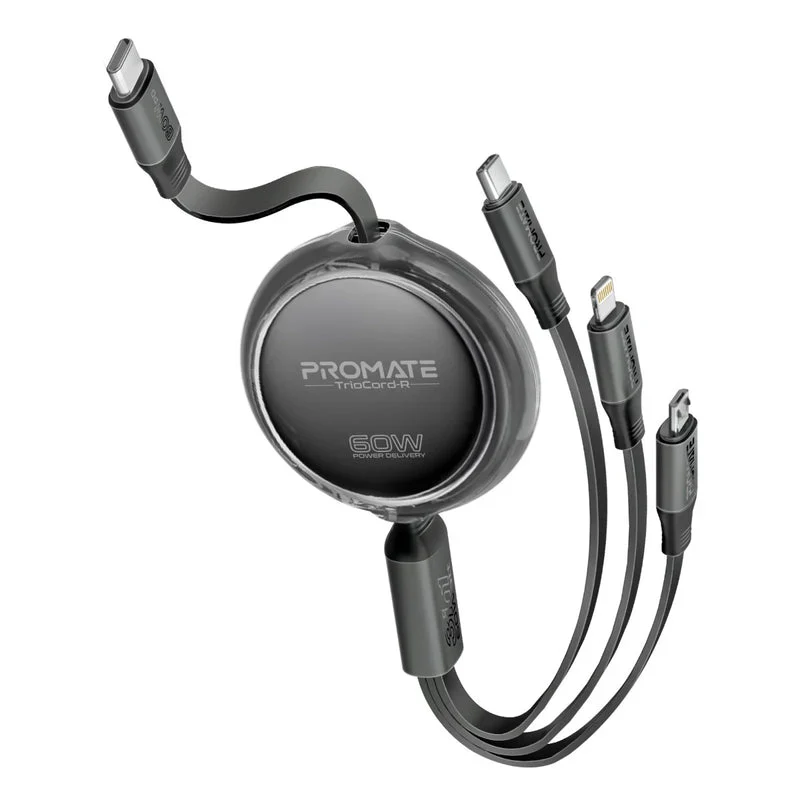 Promate TrioCord-R 3-in-1 Ultra-Fast Retractable Multi-Connector Cable - 1.1 Meter / USB-C / Lightning / Micro-USB / Black