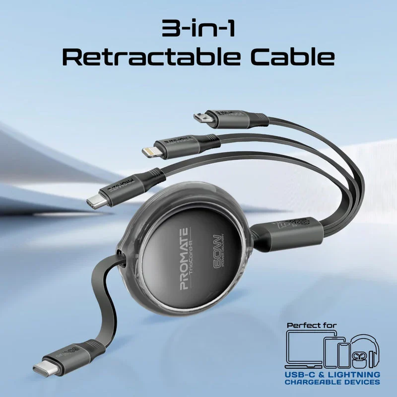 Promate TrioCord-R 3-in-1 Ultra-Fast Retractable Multi-Connector Cable - 1.1 Meter / USB-C / Lightning / Micro-USB / Black - Image 2