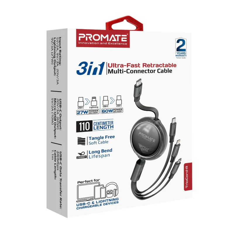 Promate TrioCord-R 3-in-1 Ultra-Fast Retractable Multi-Connector Cable - 1.1 Meter / USB-C / Lightning / Micro-USB / Black - Image 4