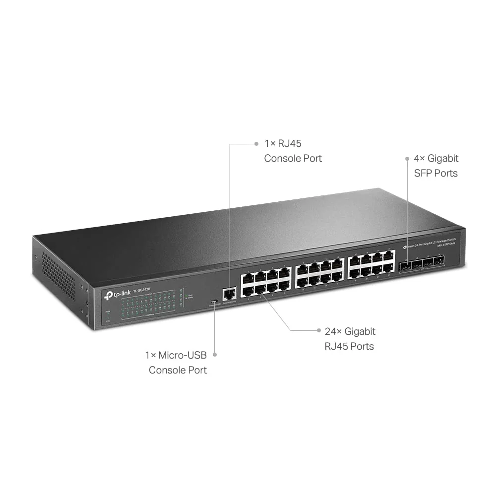 TP-Link (TL-SG3428) JetStream 24-Port Gigabit L2 Managed Switch with 4 SFP Slots - 56Gbps / Micro-USB / LAN - Image 3