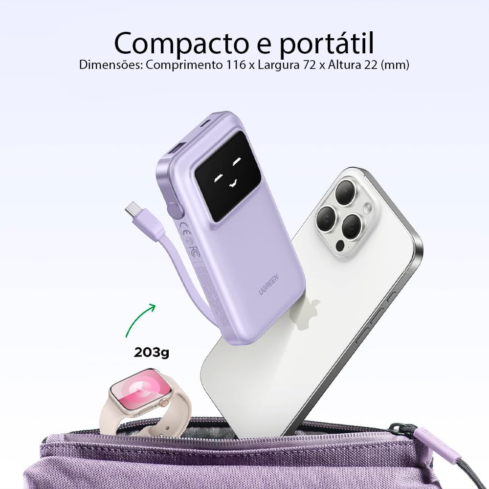 UGREEN 10000mAh Power Bank with Built-in Cable 15W PB511 - Purple - Image 3