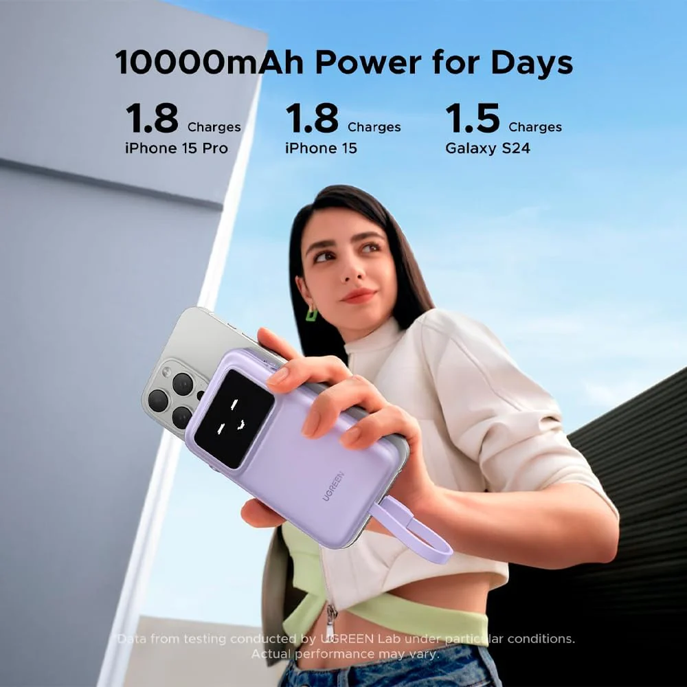 UGREEN 10000mAh Power Bank with Built-in Cable 15W PB511 - Purple - Image 4