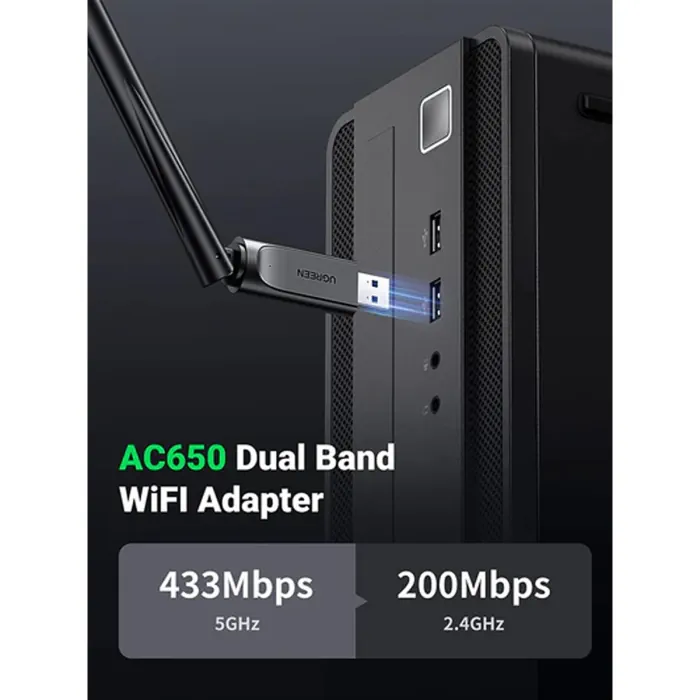 UGreen AC650 High-Gain Dual Band Wireless USB Adapter - Black - Image 3