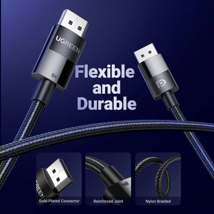 UGreen DP114 DisplayPort 1.4 Male to Male Nylon Braided Cable 3m - Black - Image 6