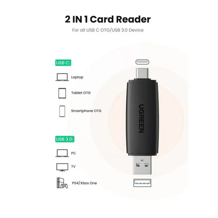 UGreen Multifunction Card Reader USB 3.0 USB C Memory Card - Black - Image 3