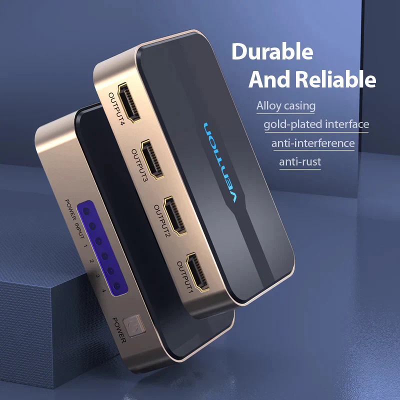 Vention HDMI Splitter 1 Input 4 Output 4K30Hz Gold Aluminum Alloy Type UK Standard - Image 4