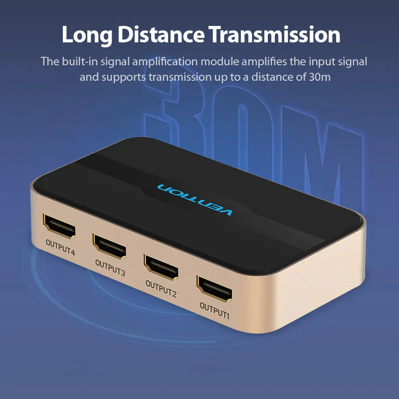 Vention HDMI Splitter 1 Input 4 Output 4K30Hz Gold Aluminum Alloy Type UK Standard - Image 5