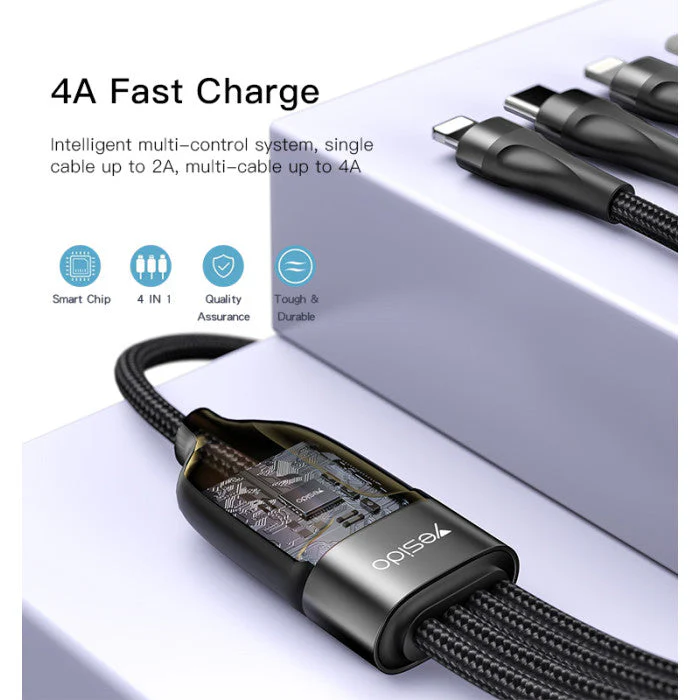 Yesido CA111 4 in 1 Wire Mobile Phone Charger Data Cable - Black - Image 3