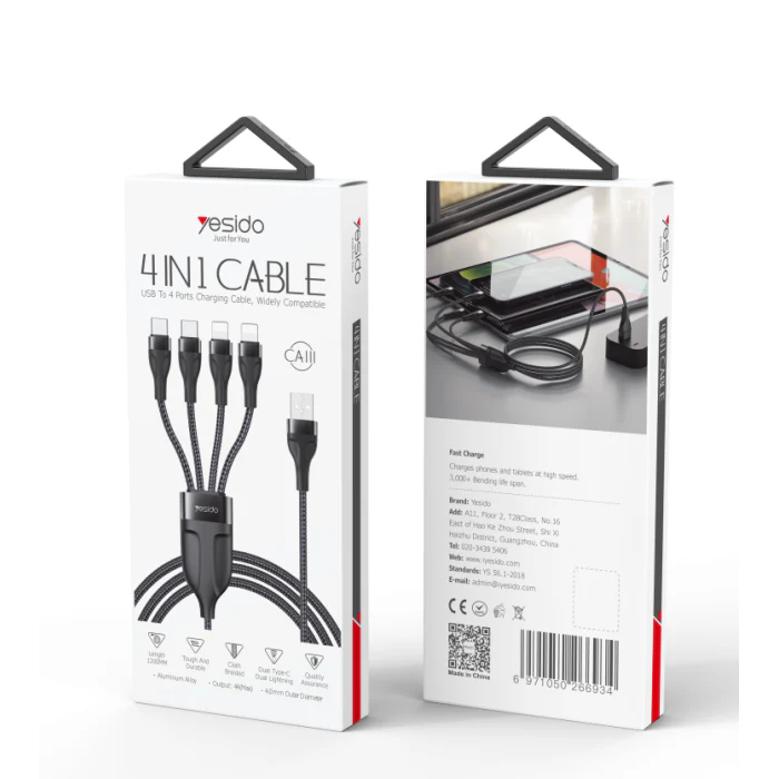 Yesido CA111 4 in 1 Wire Mobile Phone Charger Data Cable - Black - Image 5