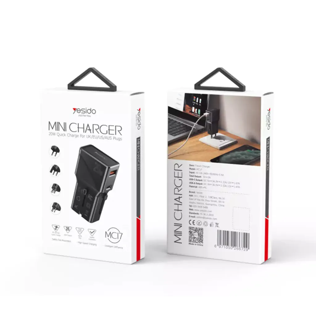 Yesido MC17 Universal Travel Charger - 20W / USB-C / USB-A / Black - Image 10