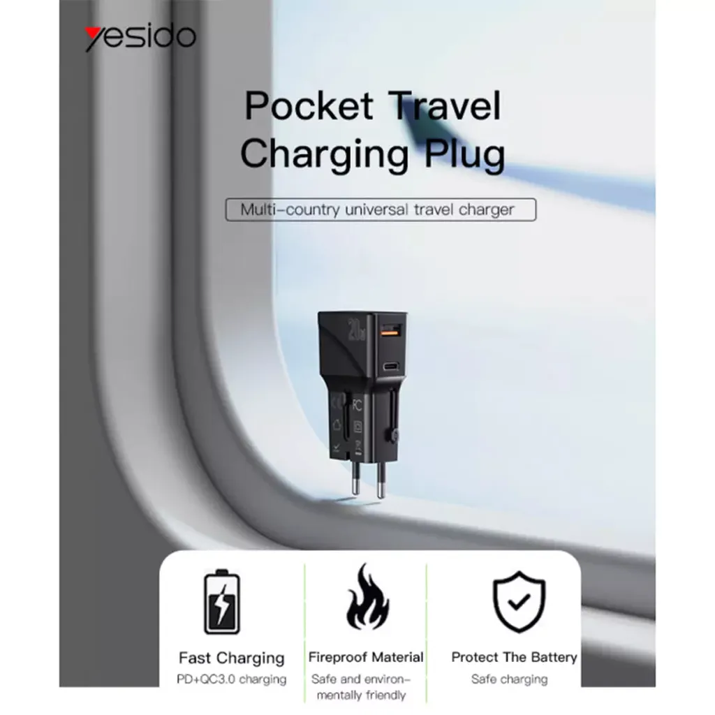 Yesido MC17 Universal Travel Charger - 20W / USB-C / USB-A / Black - Image 3